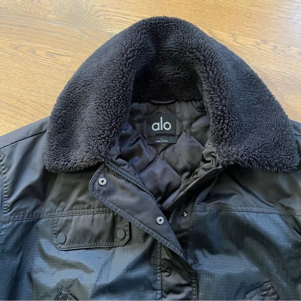 Alo Blaze Bomber Jacket Black Large Ripstop Sherpa Collar